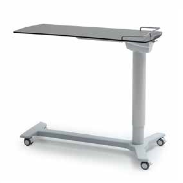 Mesa puente para alimentos fija azul de la marca Beracah Medica, con superficie resistente y estructura estable.