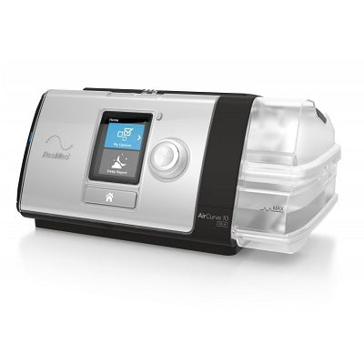 Ventilador CPAP AirCurve 10 ST con humidificador HumidifAir para apnea de sueño, marca Beracah Medica, en uso.