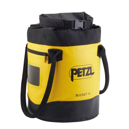 Mochila Bucket de 15 litros en color amarillo para emergencia y rescate, marca Beracah Medica, con compartimentos y asas resistentes.