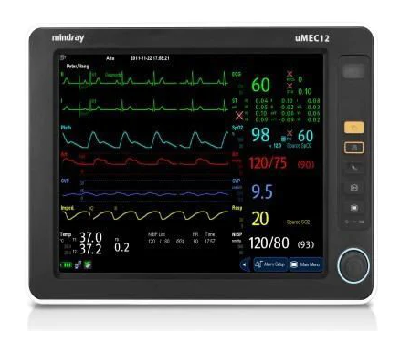 Monitor de signos vitales para paciente Beracah Medica con pantalla de 12" y 5 parámetros: ECG, SpO2, temperatura, PNI y CO2.