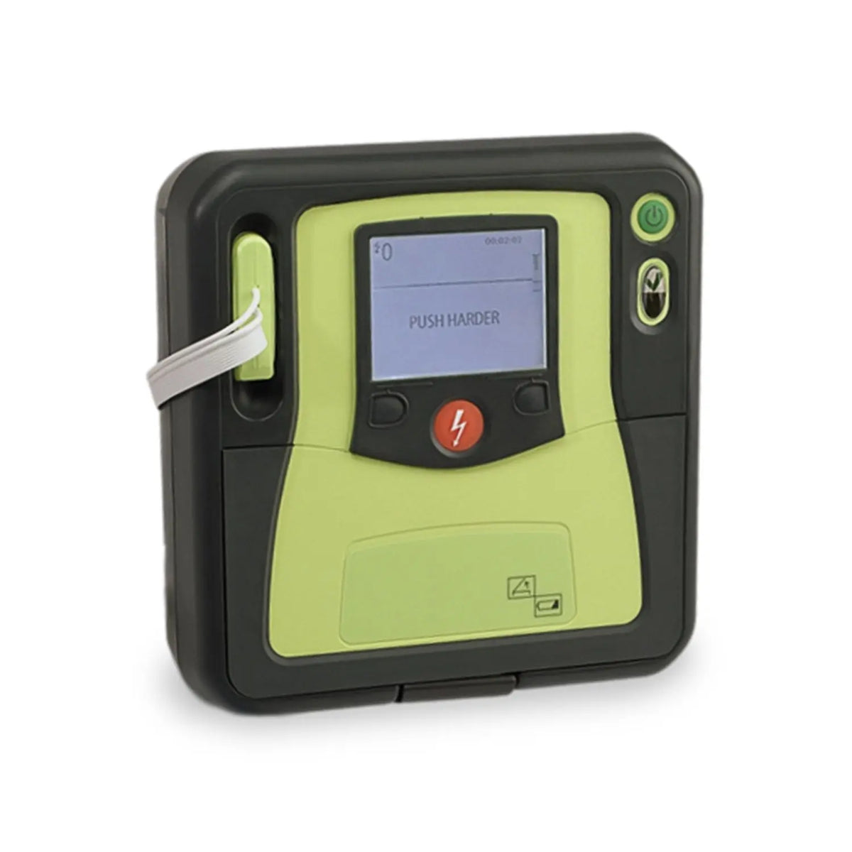 Desfibrilador AED PRO de Beracah Medica, desfibrilador automático con pantalla y electrodos listos para uso de emergencia.