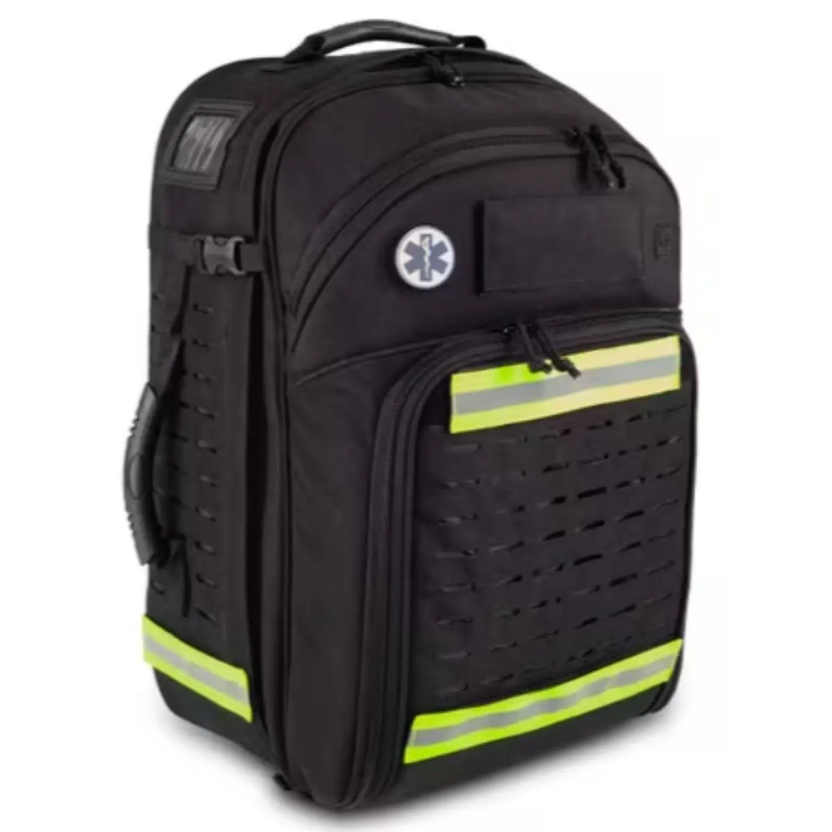 Mochila táctica sanitaria de rescate grande en color negro, modelo Paramed's EVO de Beracah Medica, vista frontal vacía.