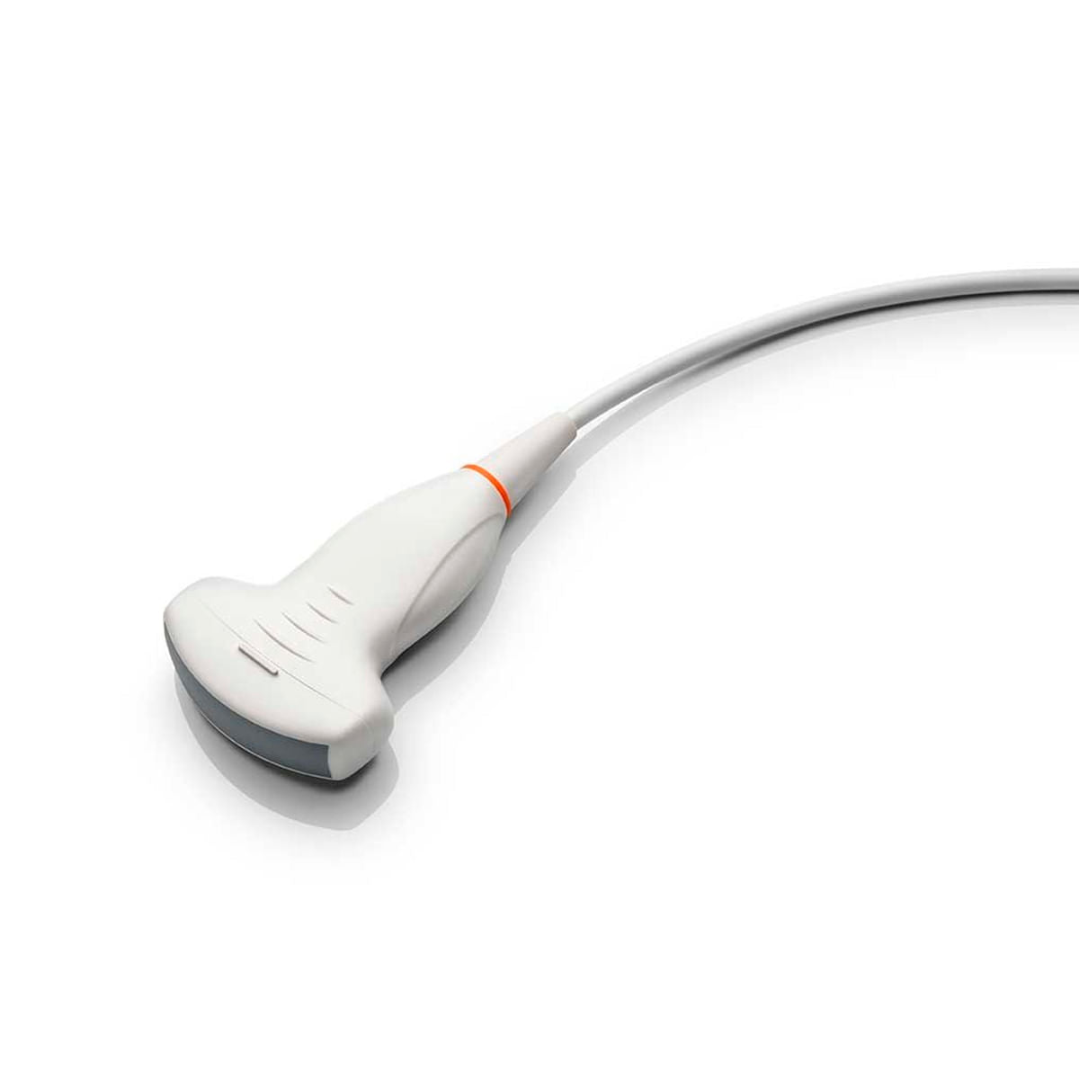 Transductor convexo para ultrasonido Beracah Medica DC40, dispositivo médico de imagenología con forma redondeada y cabezal ultrasónico.