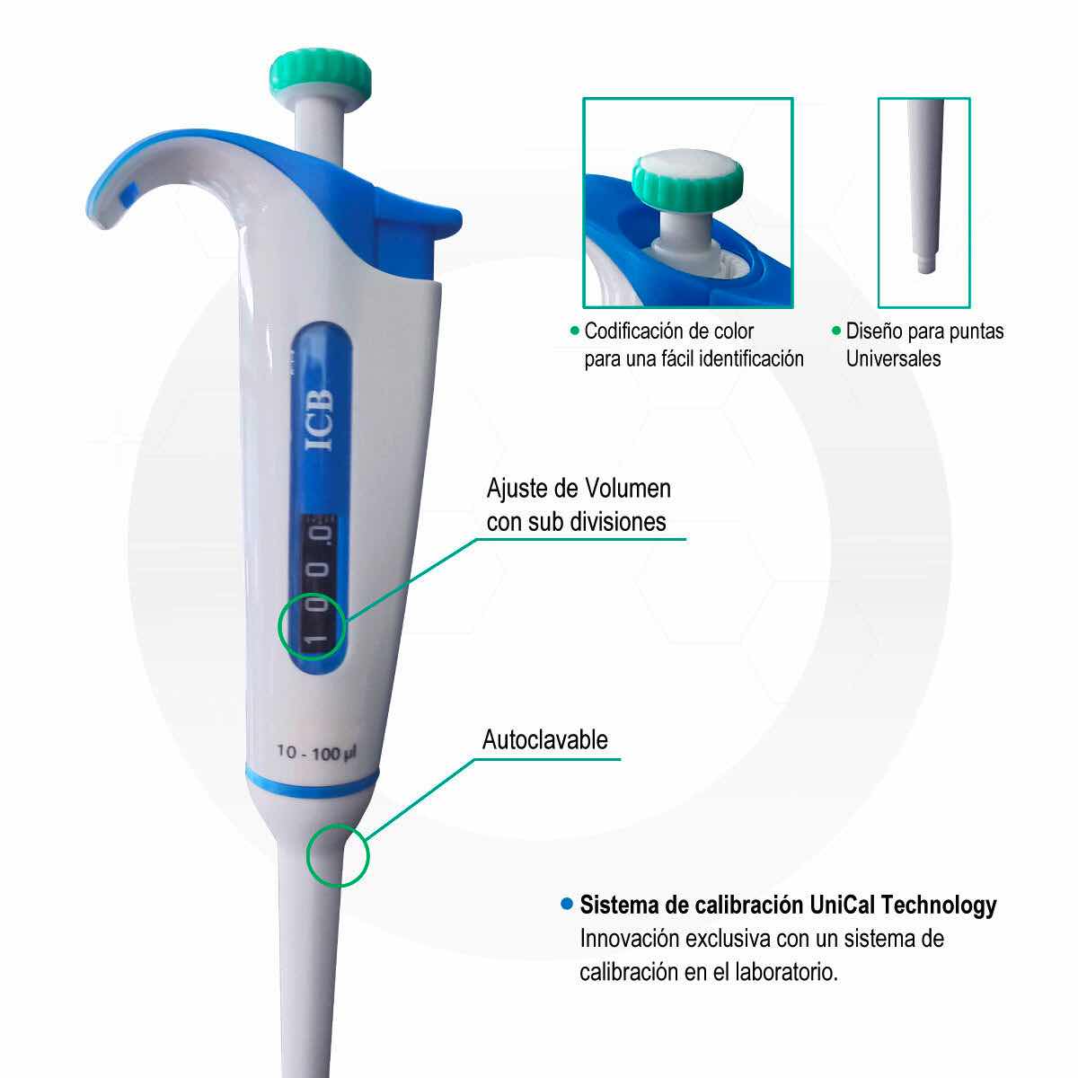 Micropipeta negra de marca Beracah Medica con volumen variable de 10 a 100ul, mostrada en la imagen.