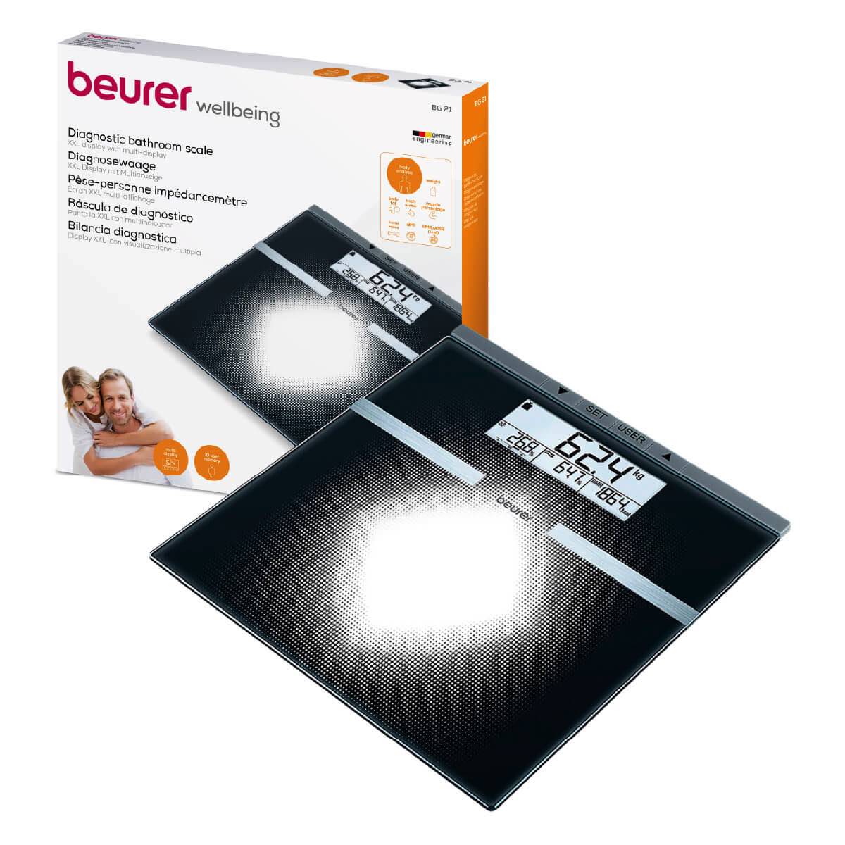Báscula de piso Bioeléctrica de diagnóstico amplio de Beracah Médica, con superficie de vidrio y pantalla digital visible.