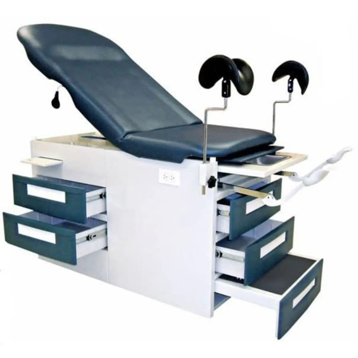 Mesa de exploración universal neumática MSI con cajones de plástico, marca Beracah Médica, en un entorno clínico.