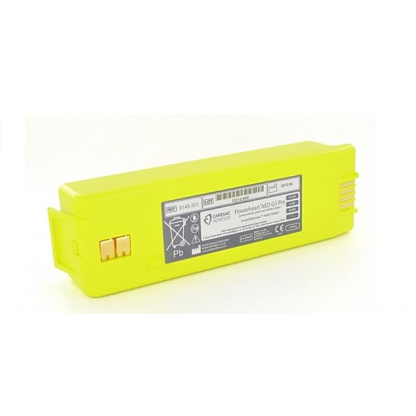 Batería de litio no recargable para desfibrilador Cardiac Science Powerheart G3 PRO, marca Beracah Médica, vista frontal.