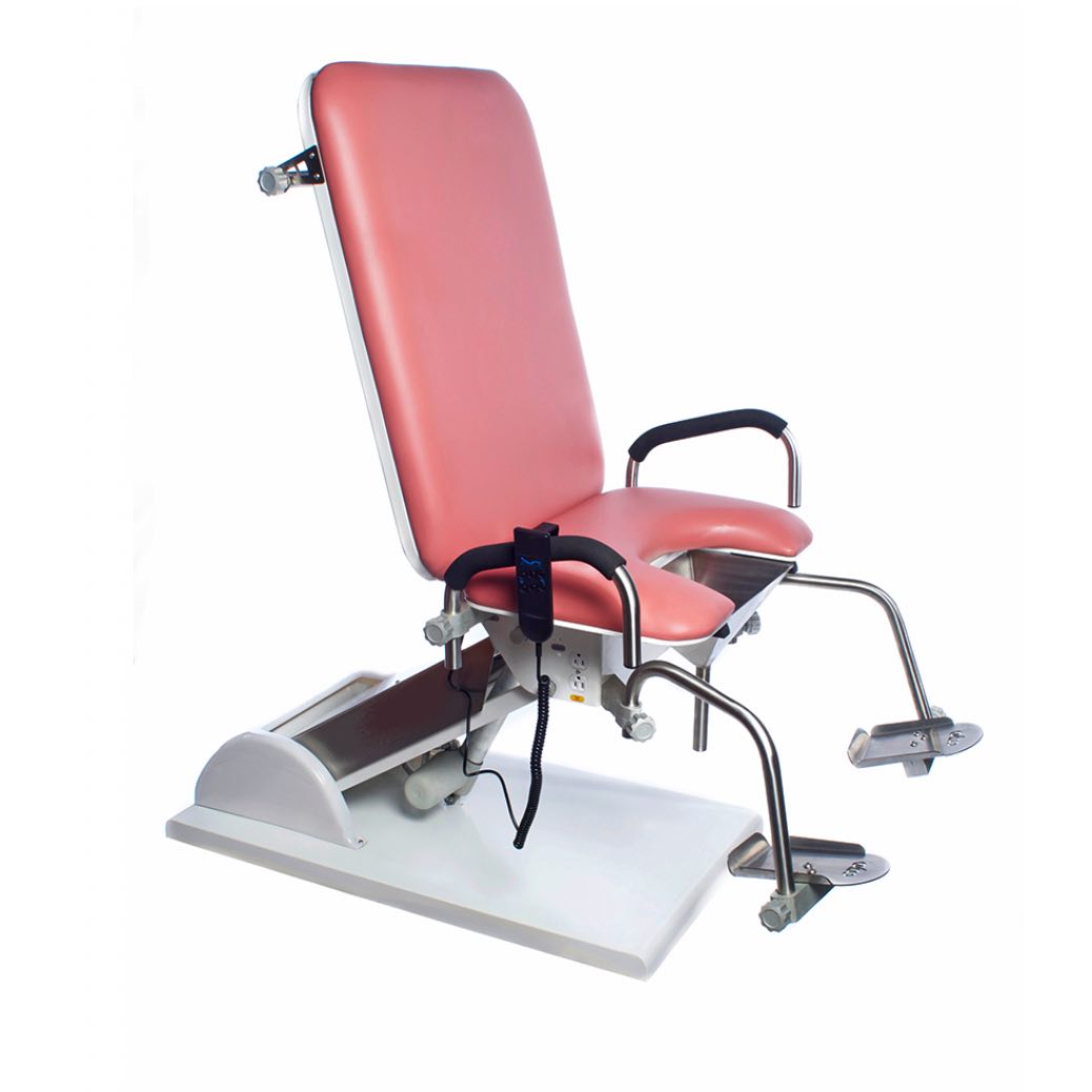 Mesa de exploración eléctrica para urodinamia y urología de Beracah Medica, con superficie ajustable y controles integrados.