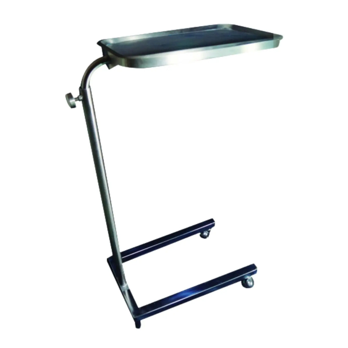 Mesa de mayo MSI de acero inoxidable con charola y llantas de gel de 3 pulgadas, marca Beracah Medica.