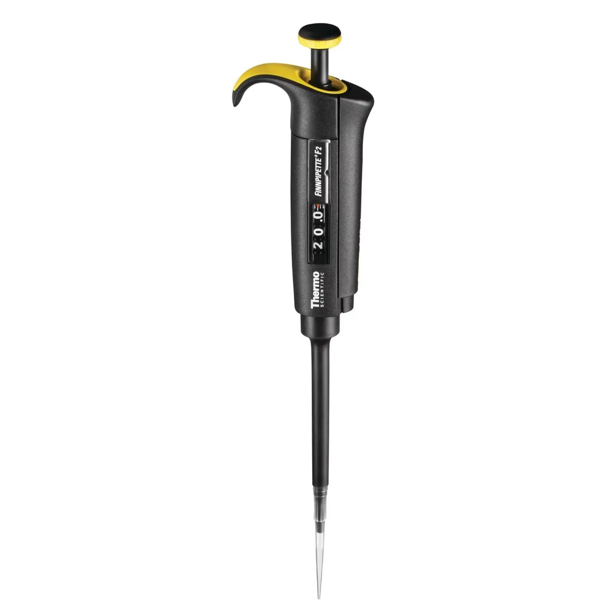 Pipeta de volumen ajustable Finnpipette™ F2 amarilla de 10-100μl, MSI, de la marca Beracah Medica, en uso en laboratorio.
