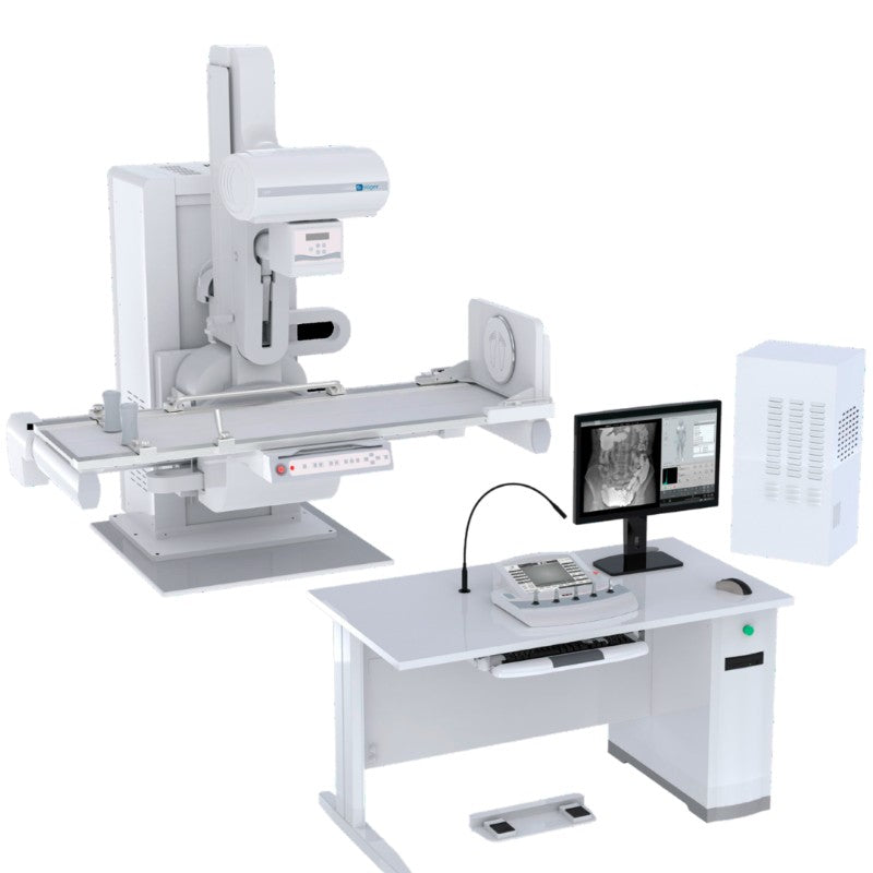 Equipo de Rayos X digital Beracah Medica SLA-700PRO con detector dinámico para fluoroscopía y radiografía, imagen de sistema completo.