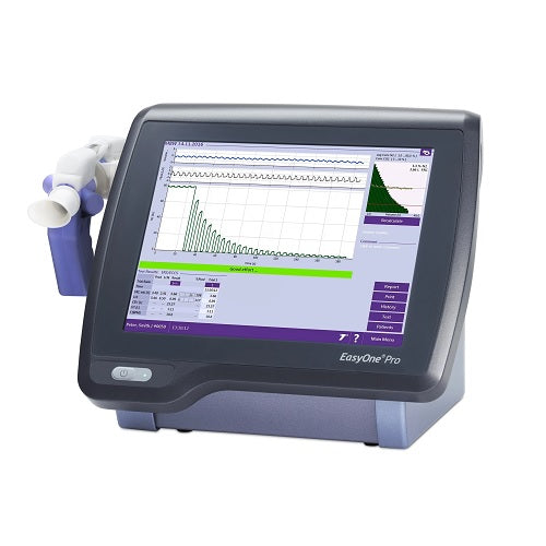Espirometro EasyOne Pro® de Beracah Medica para mediciones de DLCO y volúmenes pulmonares, dispositivo médico portátil.