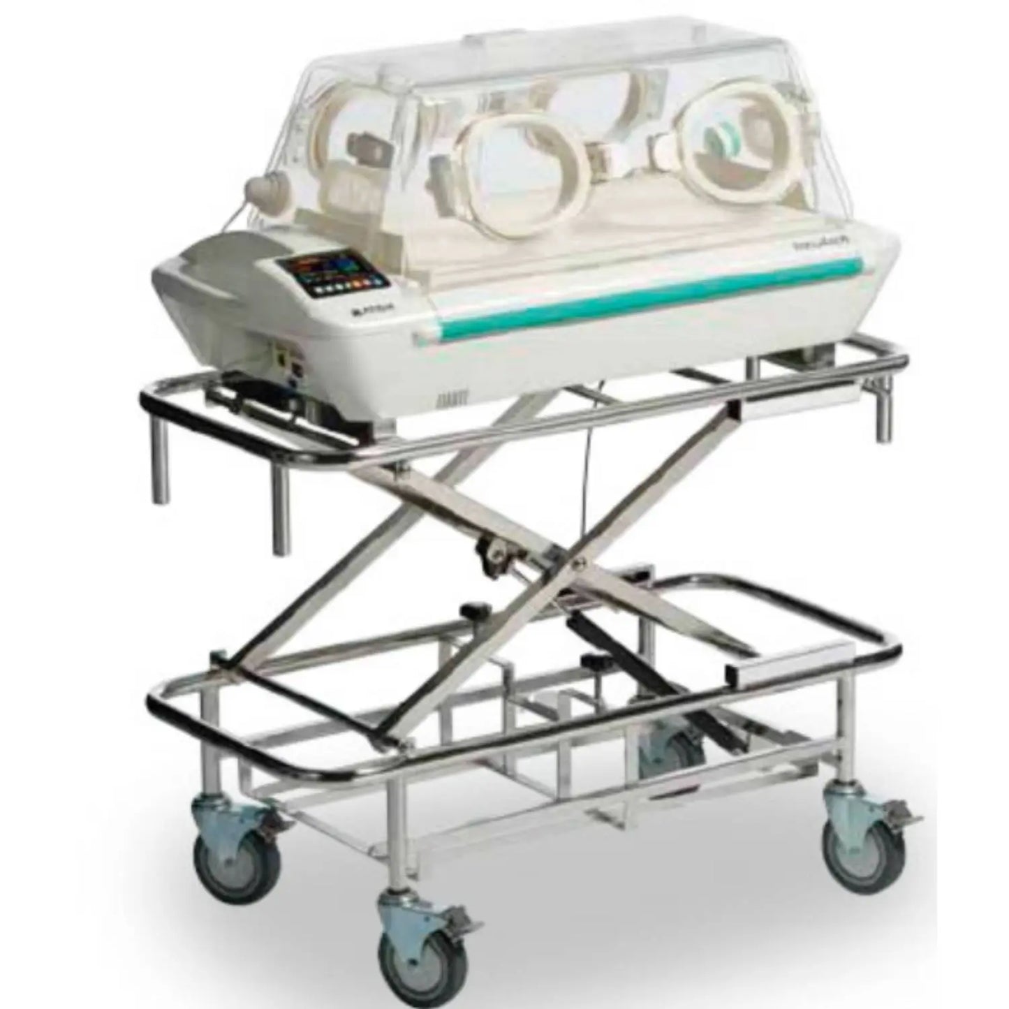 Incubadora de traslado básica Mod. Incu Arch de Beracah Médica con ventilador TV-100 y monitor S10, en color blanco y compacto.