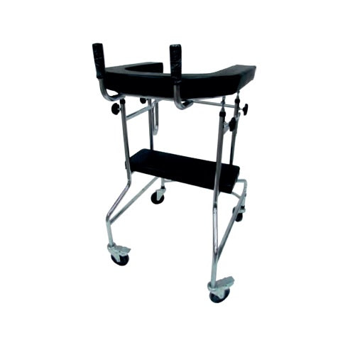 Andadera hospitalaria de acero cromado para rehabilitación, con estructura resistente y ruedas, de la marca Beracah Medica.