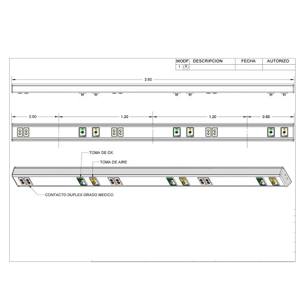 Consola médica Beracah Medica para cuarto de hospital, 4 V delta 3.6 m con tomas de aire, oxígeno y contactos duplex.