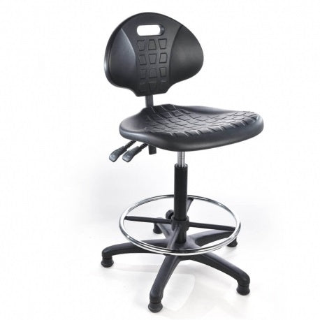 Banco de laboratorio alto MSI Beracah Medica con respaldo y aro, estructura metálica y asiento acolchado para uso profesional.