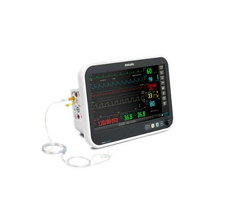 Monitor para paciente EFFICIA CM150 de Beracah Médica con pantalla de 15 pulgadas, muestra signos vitales, ECG, temperatura y SpO2.