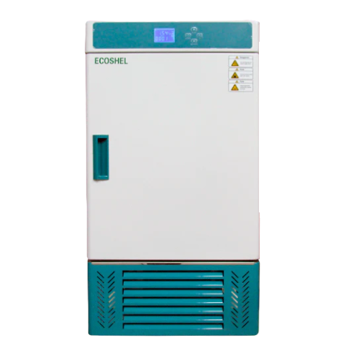 Incubadora de baja temperatura Beracah Medica Mod.BOD-250 de 250L, muestra su interior con controles y estantes para laboratorio.