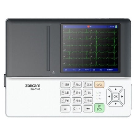 Electrocardiografo de 3 canales Beracah Medica iMAC-300 con pantalla LCD de 5.7 pulgadas y gráficos de electrocardiogramas.