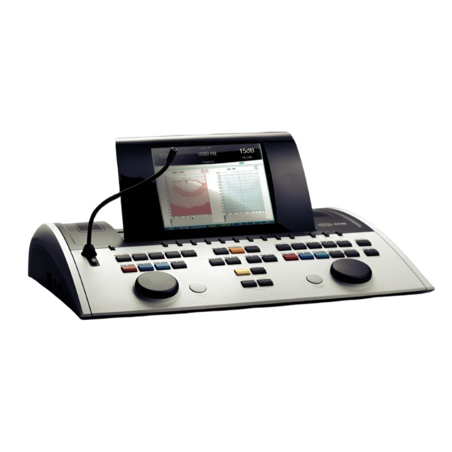 Audiómetro híbrido clínico de 2 canales Beracah Medica modelo AC40E con licencia E, visible en la imagen.