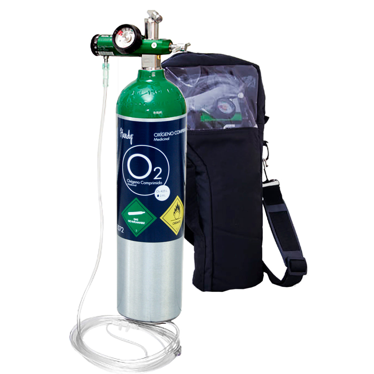 Equipo de oxígeno de 425 litros de Beracah Médica con regulador, puntas nasales y bolsa Handy, sin oxígeno.