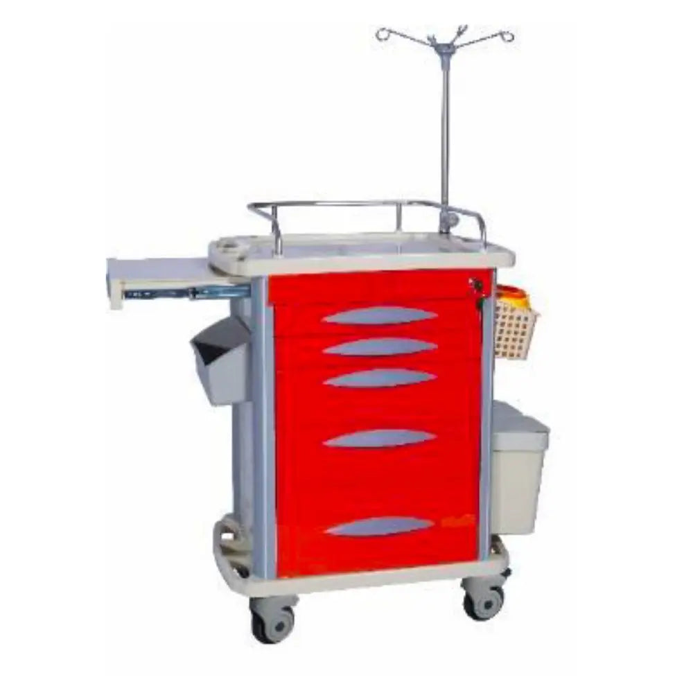 Carro de emergencias rojo de plástico ABS con 5 cajones y ruedas, tamaño 75x47.5x92 cm, marca Beracah Médica.