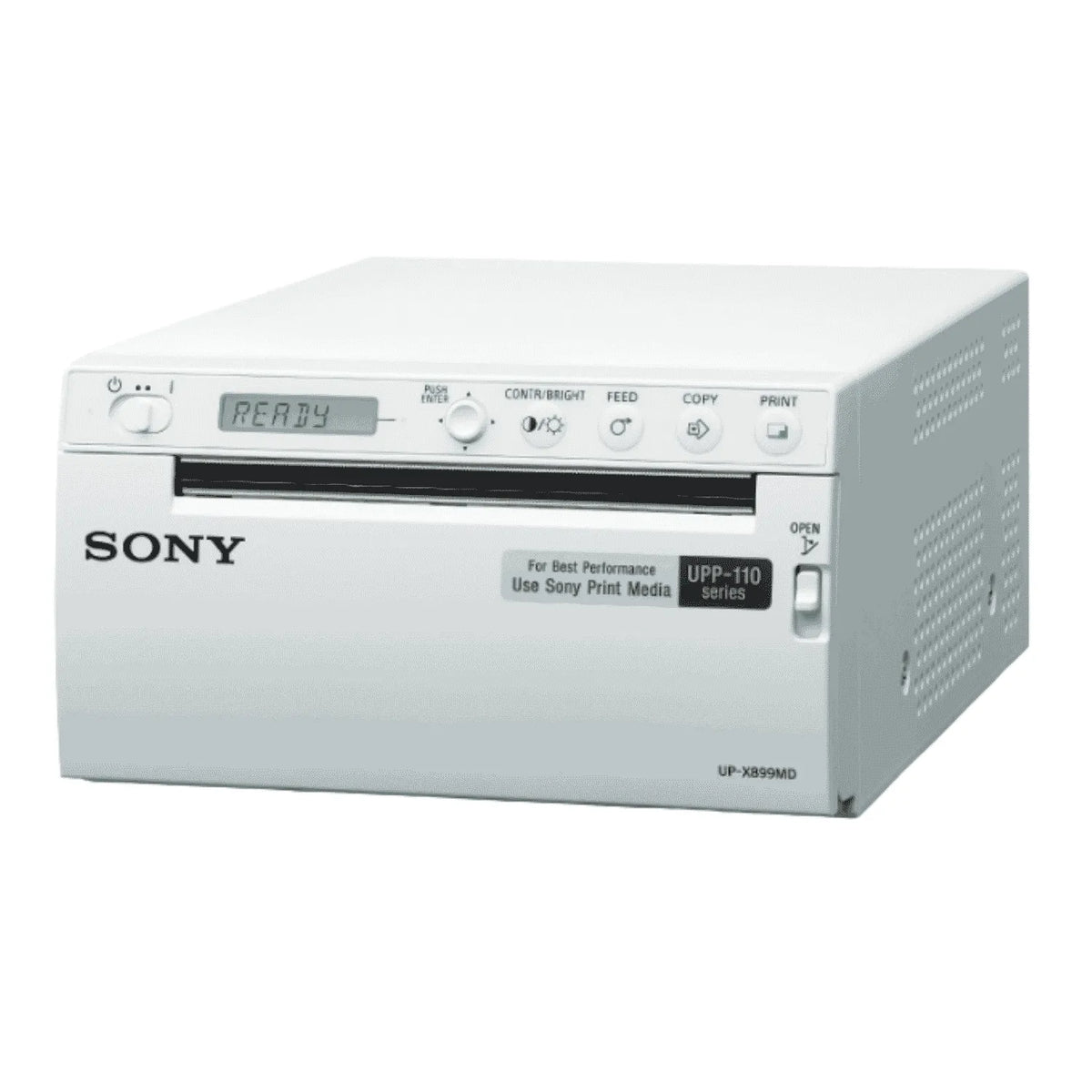 Impresora térmica híbrida UP-X899MD de Beracah Médica, vista frontal mostrando bandeja y panel de control.