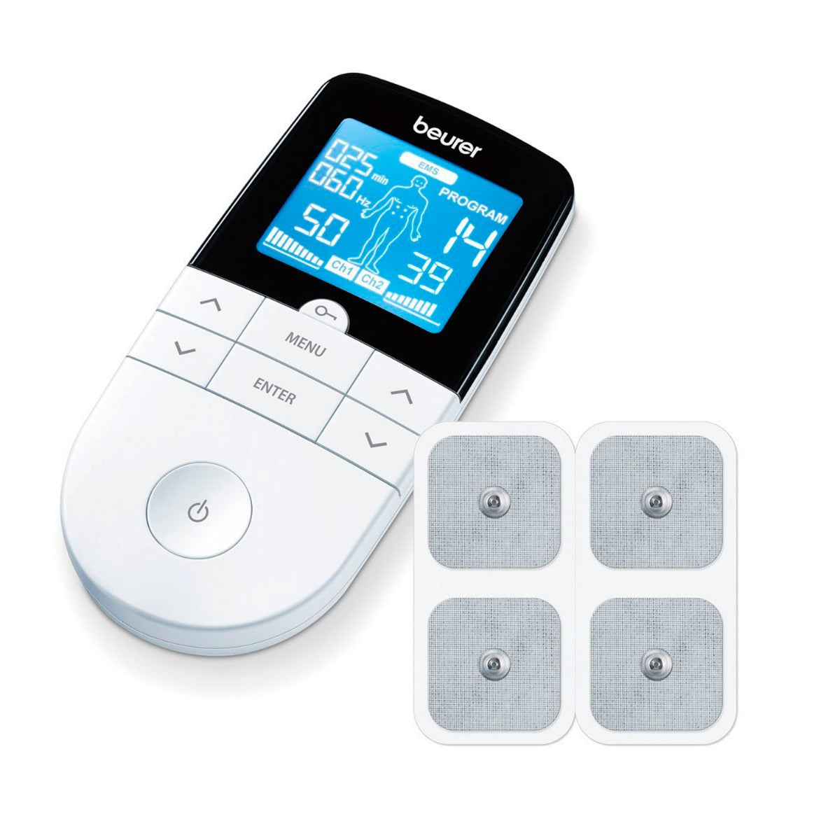 Electroestimulador TENS/EMS digital de Beracah Medica para terapia muscular y transcutánea, con pantalla y controles digitales.