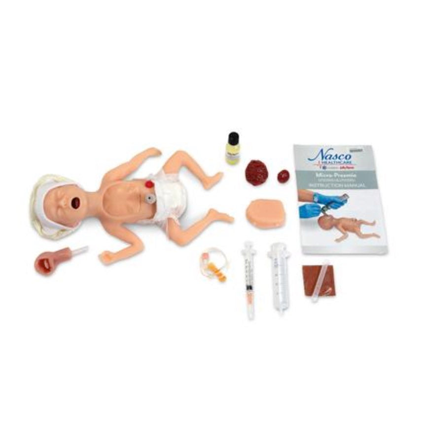 Simulador de microprematuro de piel clara para entrenamiento, marca Beracah Médica, con detalles realistas para práctica médica.
