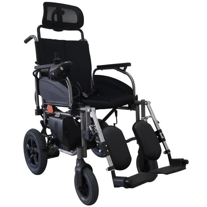 Silla de ruedas eléctrica reclinable Beracah Medica con asiento acolchado y controles laterales, diseñada para comodidad y movilidad