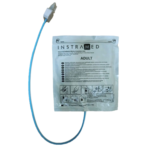 Parche adhesivo para desfibrilador Instramed tamaño adulto >25kg, electrodo de marca Beracah Medica para reanimación cardiaca.