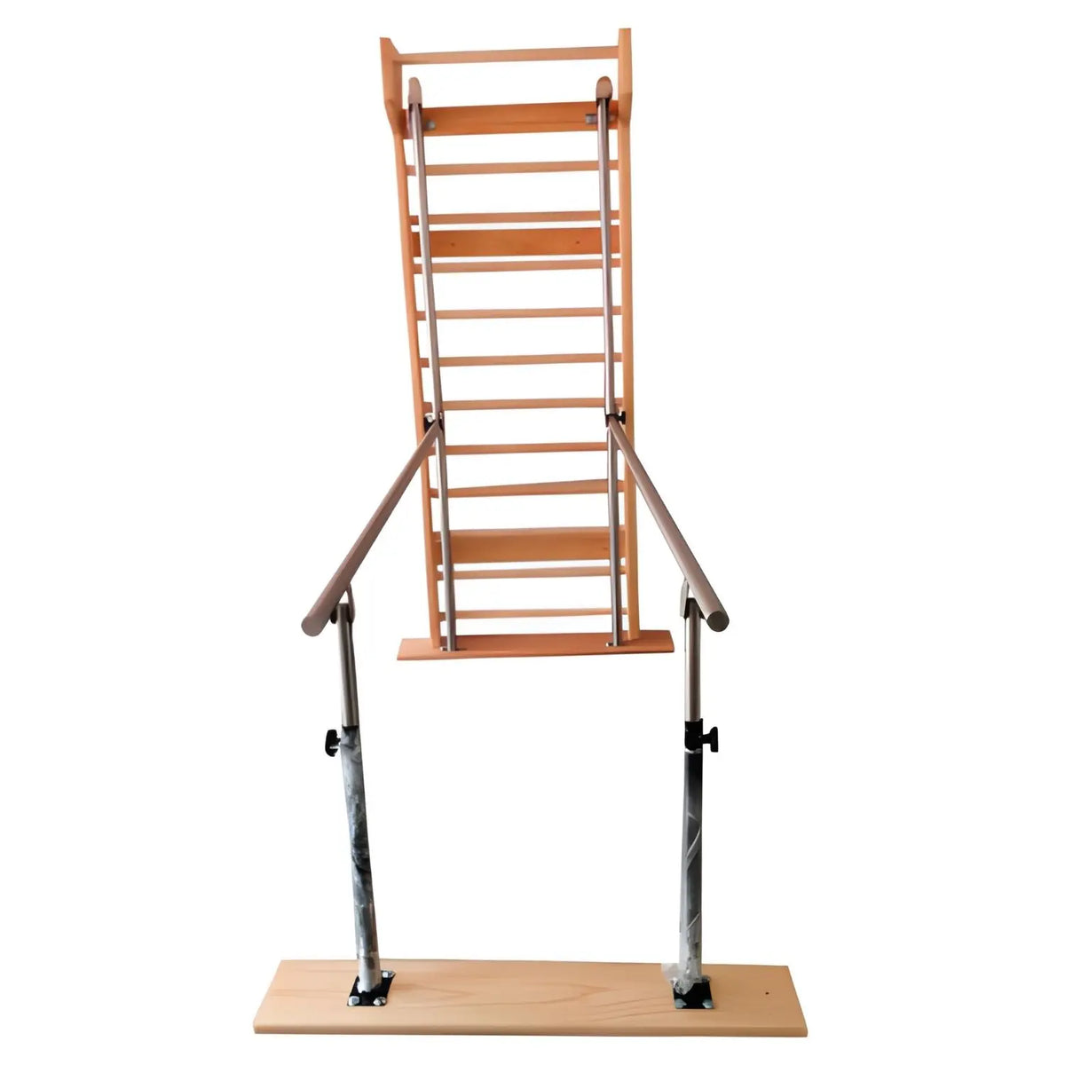 Barras paralelas plegables de madera para fisioterapia con barras suecas ancladas, fabricadas por Beracah Medica.