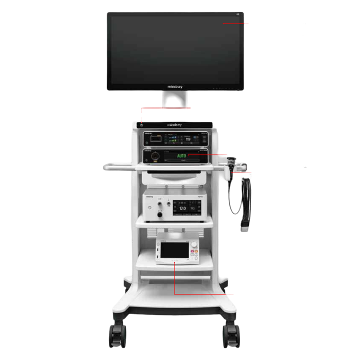 Torre para laparoscopia Beracah Medica Mod. UX5 4K/NIR con pantalla de 55 pulgadas y equipo médico avanzado.