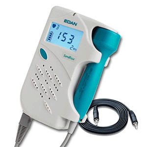 Doppler fetal MSI Beracah Medica Sonotrax 2 con pantalla y cargador, muestra el dispositivo portátil para monitoreo fetal.