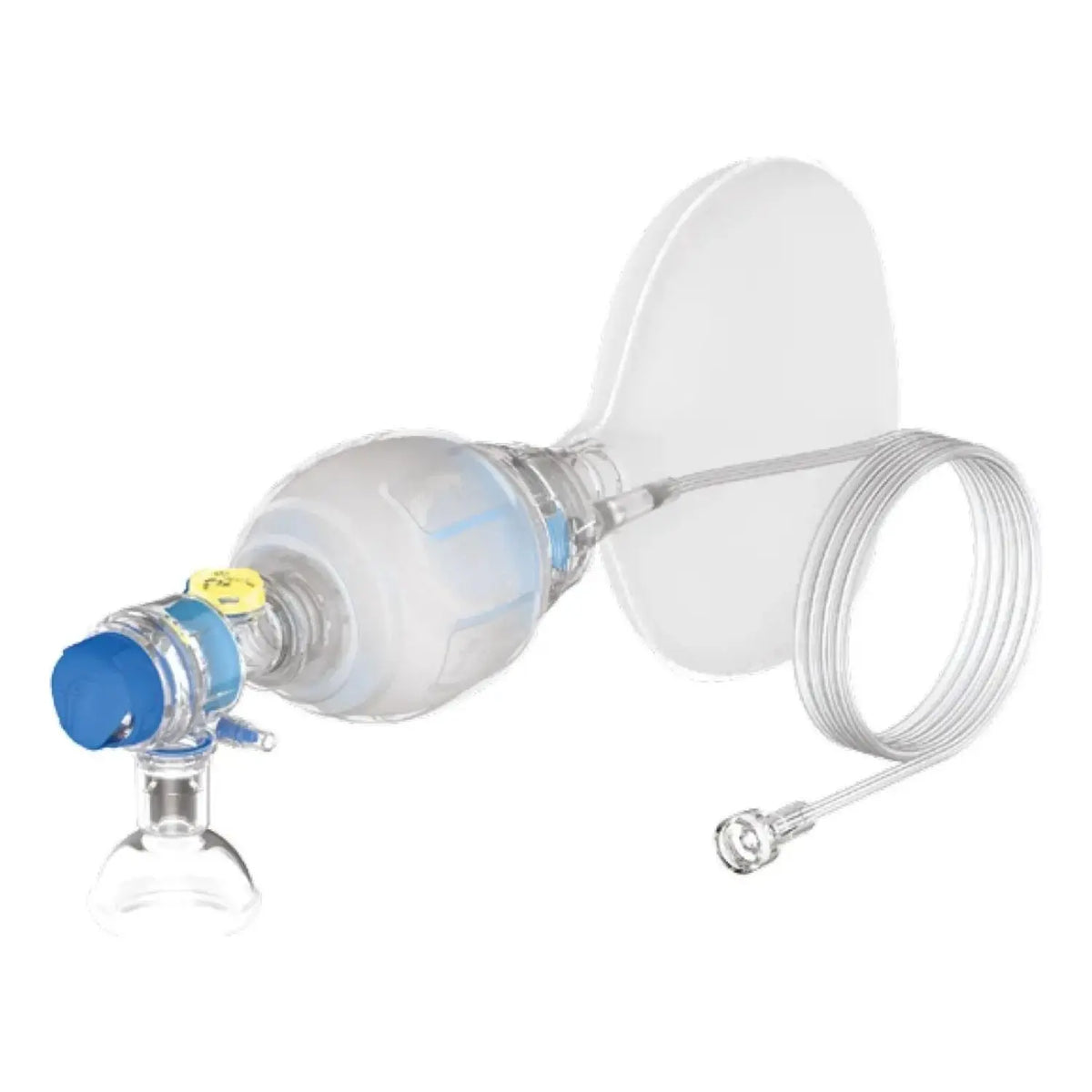 Resucitador desechable neonatal Beracah Medica con mascarilla para asistencia respiratoria en bebés.