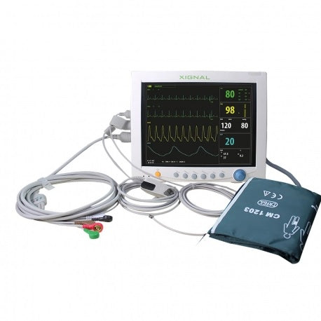 Monitor para paciente Beracah Médica de 12" para signos vitales en adultos, pediátricos y neonatales, con pantallas y cables.