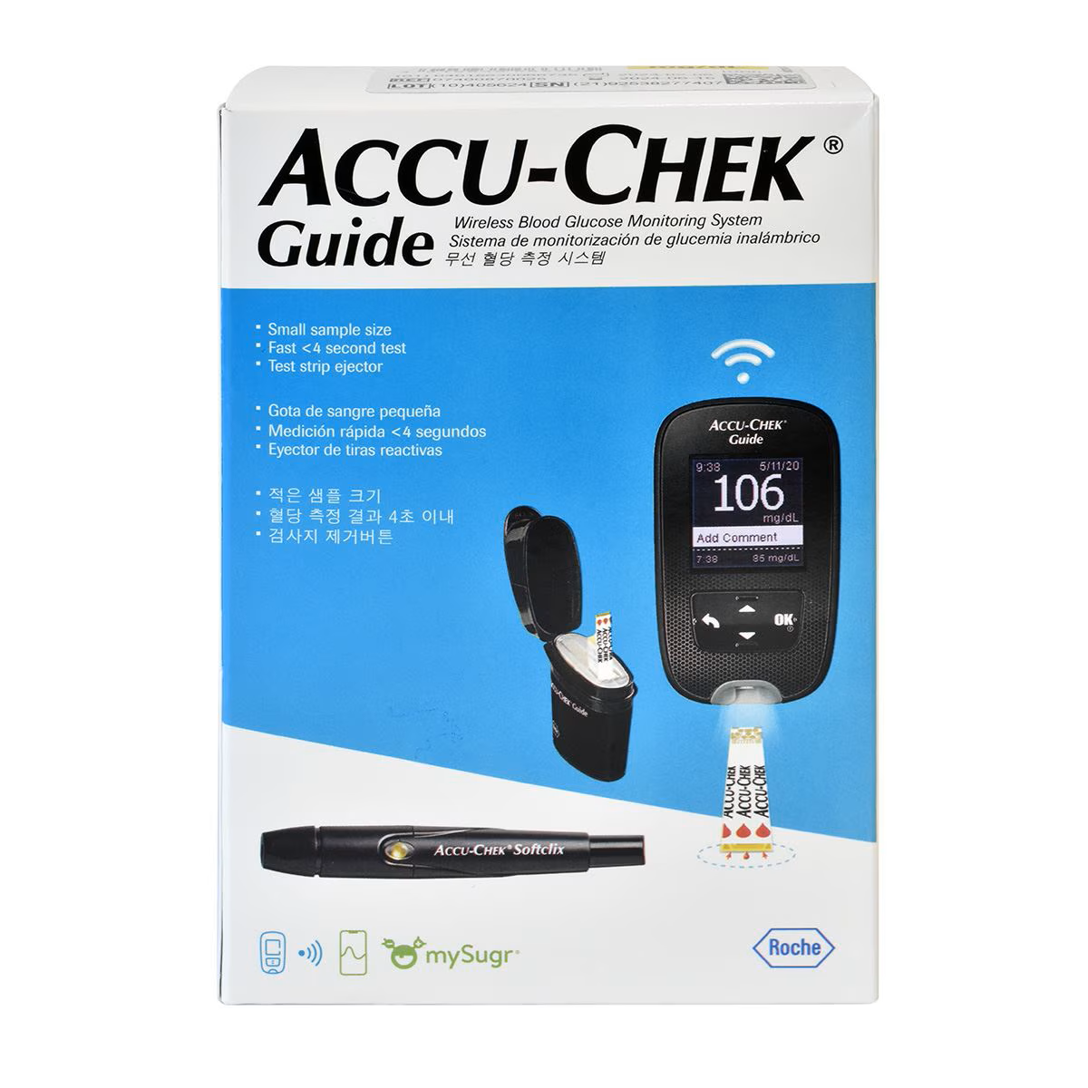 Glucometro Accu-Check Guide Kit de Beracah Medica con pantalla digital y lancetas para monitoreo de glucosa en sangre.