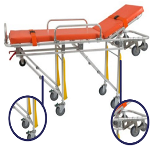 Camilla de golpe automática para ambulancia Beracah Médica con colchón impermeable y cinturones de seguridad.