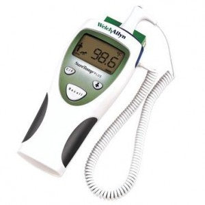 Termómetro electrónico SureTemp Welch Allyn MSI con pantalla digital y sensor de temperatura, en color blanco y diseño compacto.
