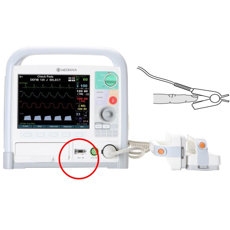 Desfibrilador bifásico Nellcore con monitor ECG y SpO2 de Beracah Medica, pantalla y controles visibles.