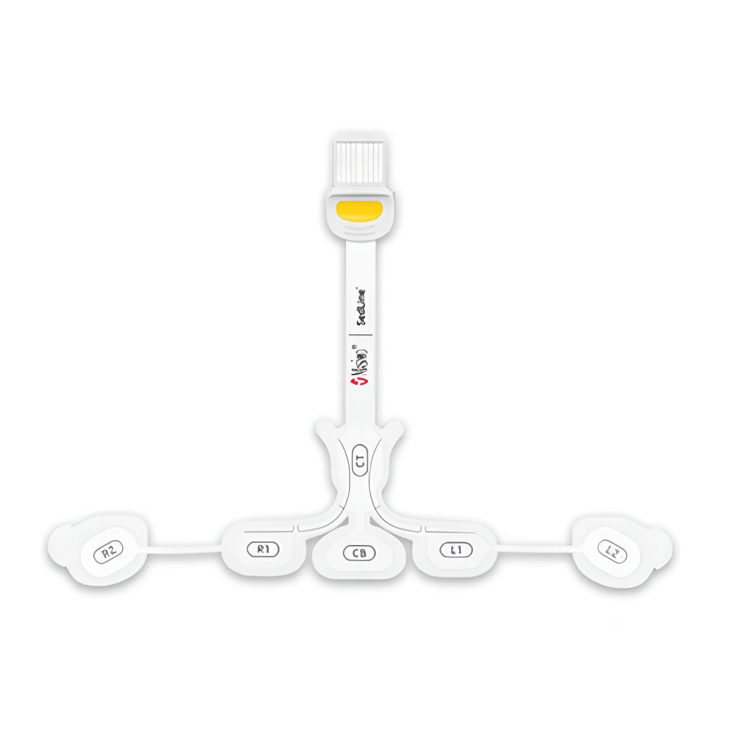 Sensor RD SedLine EEG pediátrico de Beracah Medica en caja de 25 piezas, con cables y conexión para electroencefalógrafo.