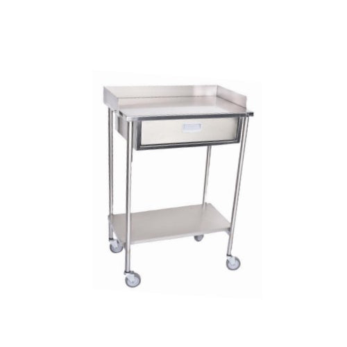 Mesa Pasteur MSI Beracah Medica con cajón esmaltado y cubierta de inox 304, estructura cromada.