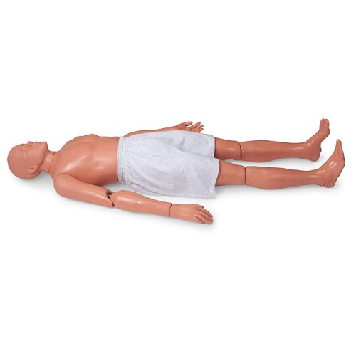 Maniquí de entrenamiento de rescate Randy de 66 kg, para trauma y emergencia, marca Beracah Médica, en posición de práctica.