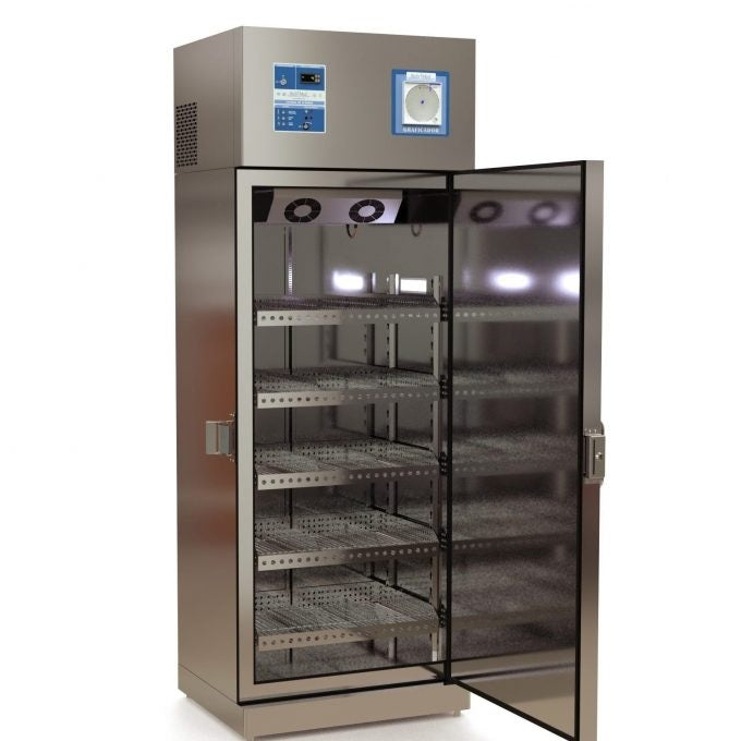 Refrigerador para banco de leche de 23 ft³ en acero inoxidable con puerta de cristal y graficador, ideal para bancos de sangre.