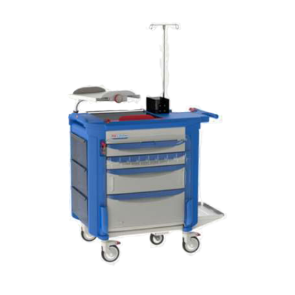 Carro rojo de emergencias de plástico Beracah Medica con 4 cajones, recubrimiento epóxico y 5 ruedas, dimensiones 60.9x109x86.3 cm