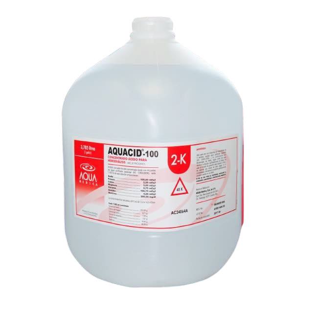 Ácido para hemodiálisis Aquacid-100 MSI de Beracah Médica, 10 cajas con 4 galones cada una, en envases de gran tamaño.