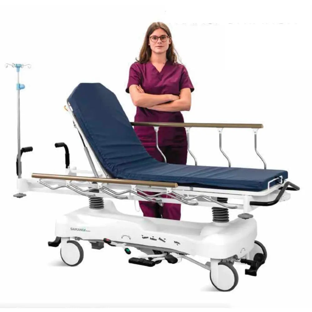 Camilla de transferencia hidráulica radiotransparente Beracah Médica con capacidad de carga de 220 kg, diseñada para hospital y clínica