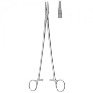 Porta agujas Mayo-Hegar de 10 1/2" (26.7 cm) de la marca Beracah Medica, con mango metálico y punta para aguja quirúrgica.