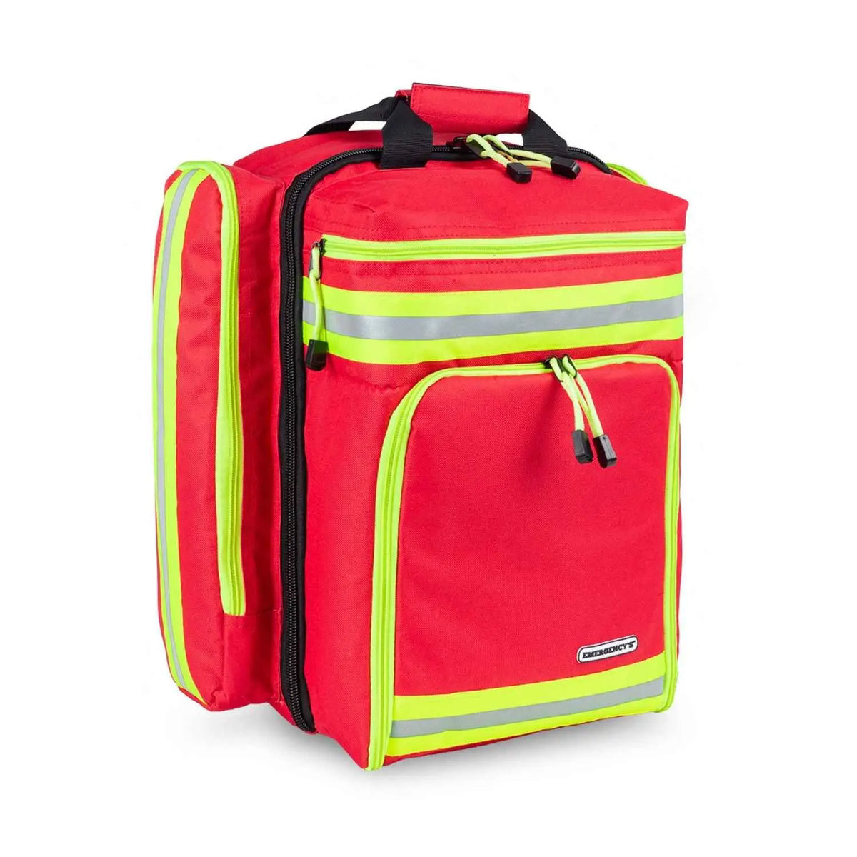 Mochila de primera intervención EMS vacía de Beracah Medica, con compartimentos y correas ajustables para emergencias.