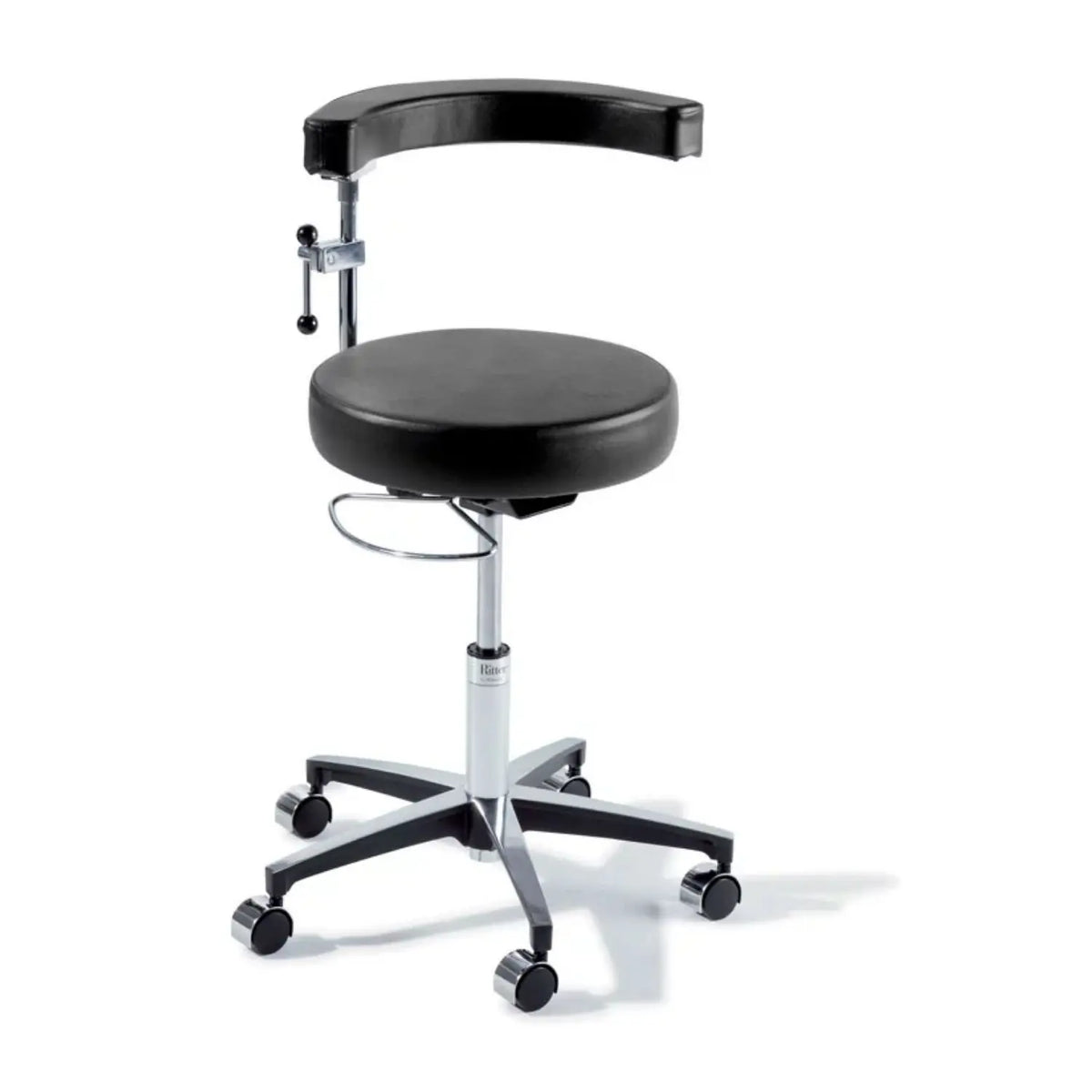 Taburete clínico Ritter 279 Air Lift en color lino oscuro con ruedas de bloqueo automático, banco giratorio con respaldo.